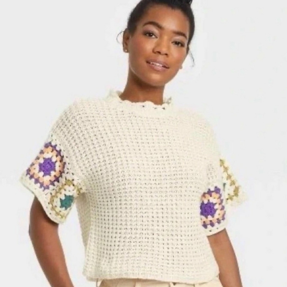 Universal Thread White Crochet Granny Square Sweater - Picture 3 of 6